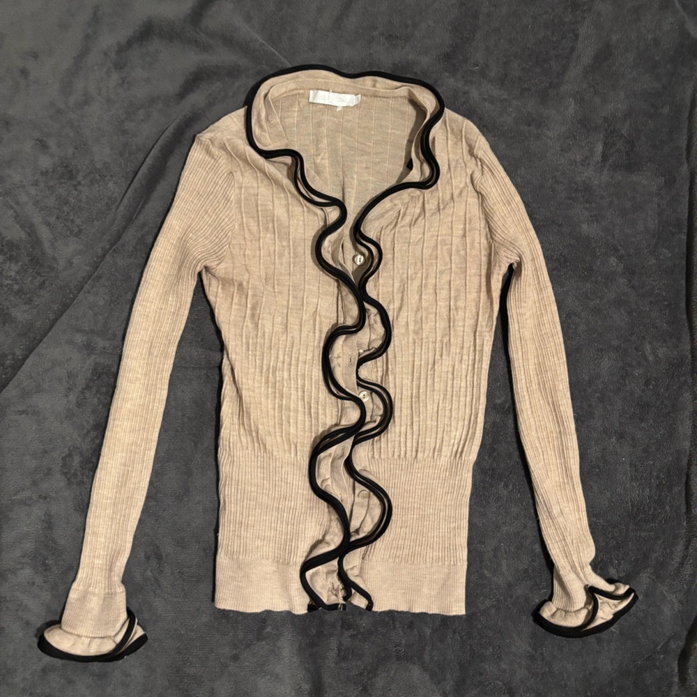 Anne Fontaine Ruffle Scalloped Button Up Cardigan Tan with Black edges size 40